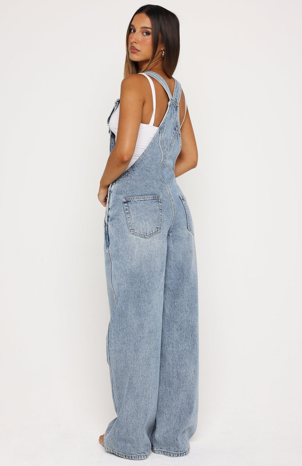 White Fox This Isn't Working Denim Overall Jumpsuit Vintage Ice Blue