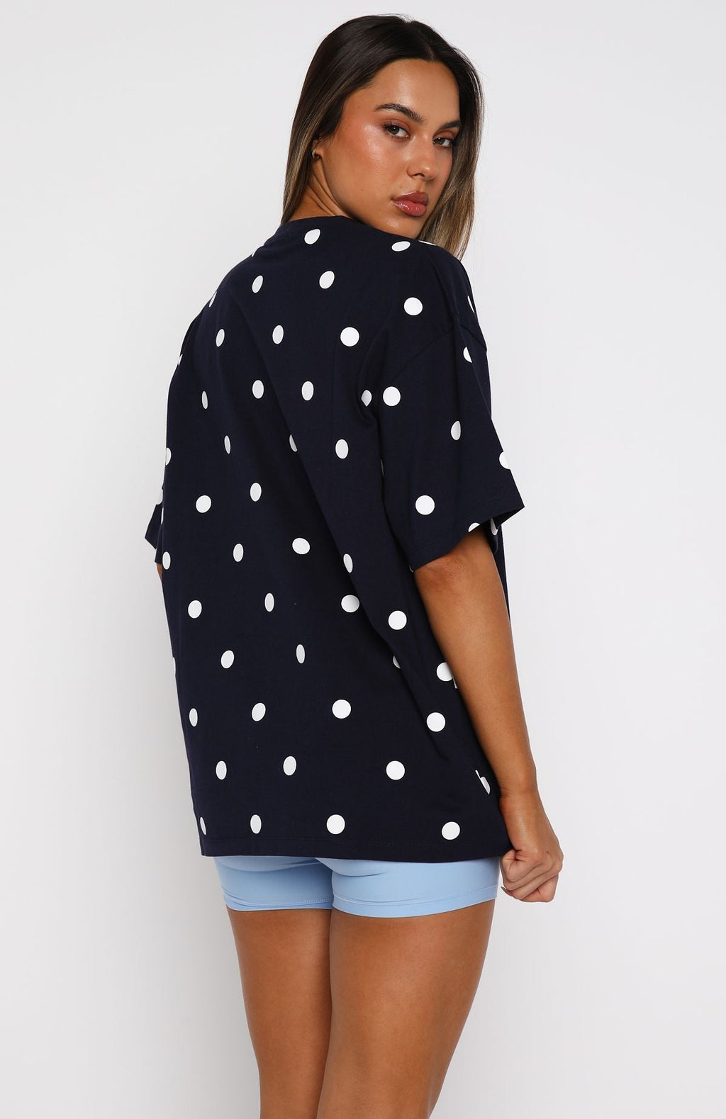 White Fox Offstage Printed Oversized Tee Navy Polka Dot