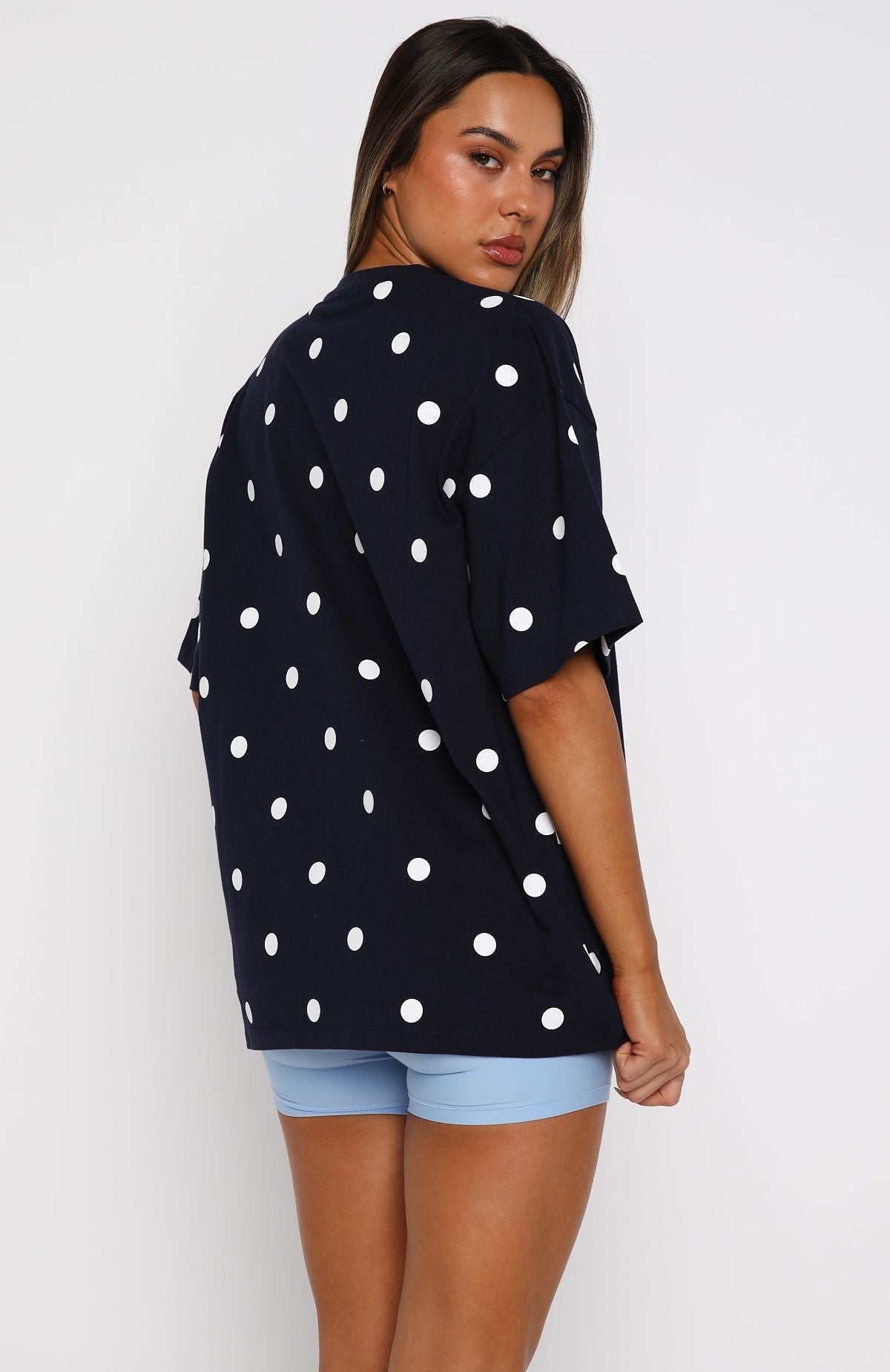 White Fox Offstage Printed Oversized Tee Navy Polka Dot