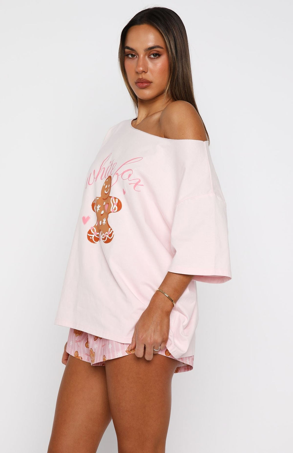 White Fox Sweetheart Pyjama Off Shoulder Tee Soft Pink
