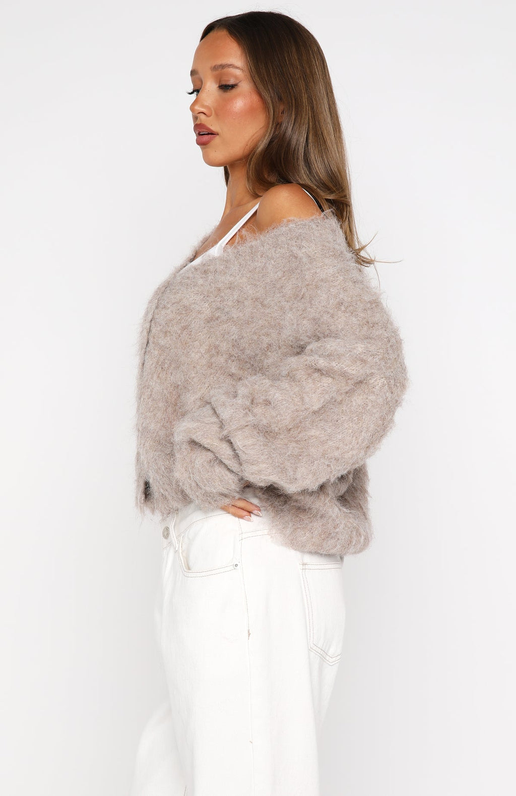 White Fox Cozy Vibes Knit Cardigan Taupe