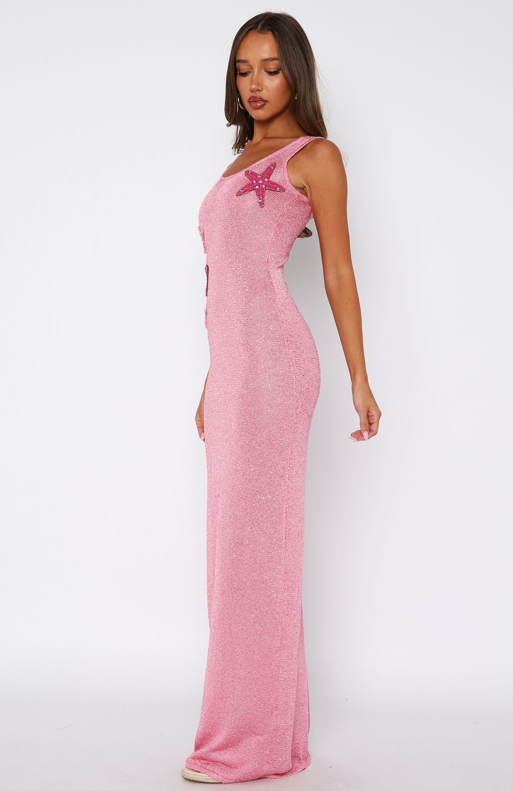 White Fox Marine Mist Sequin Knit Maxi Dress Pink
