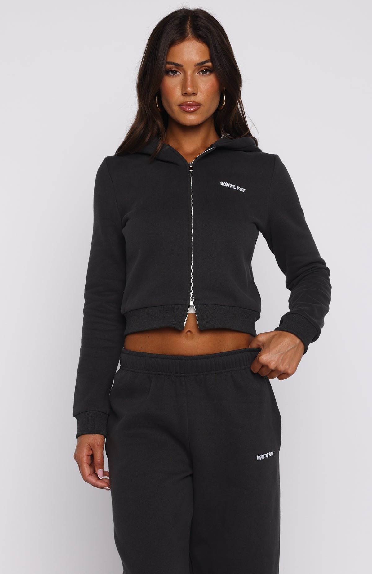 White Fox Comfy And Cute Slim Zip Front Hoodie Charcoal
