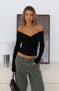 White Fox Sparks Fly Cinched Waist Off Shoulder Long Sleeve Top Black