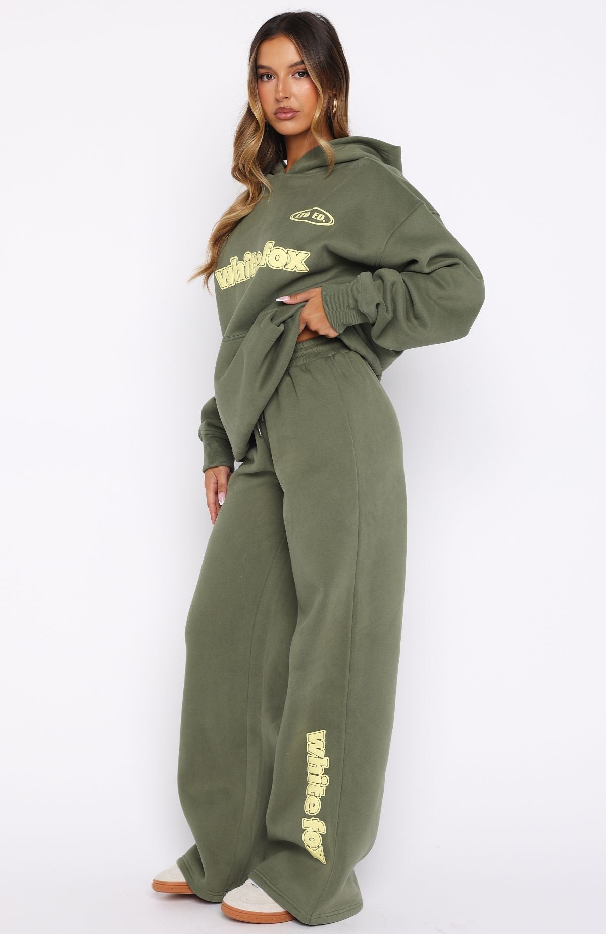 White Fox Ready To Go Wide Leg Sweatpants Khaki