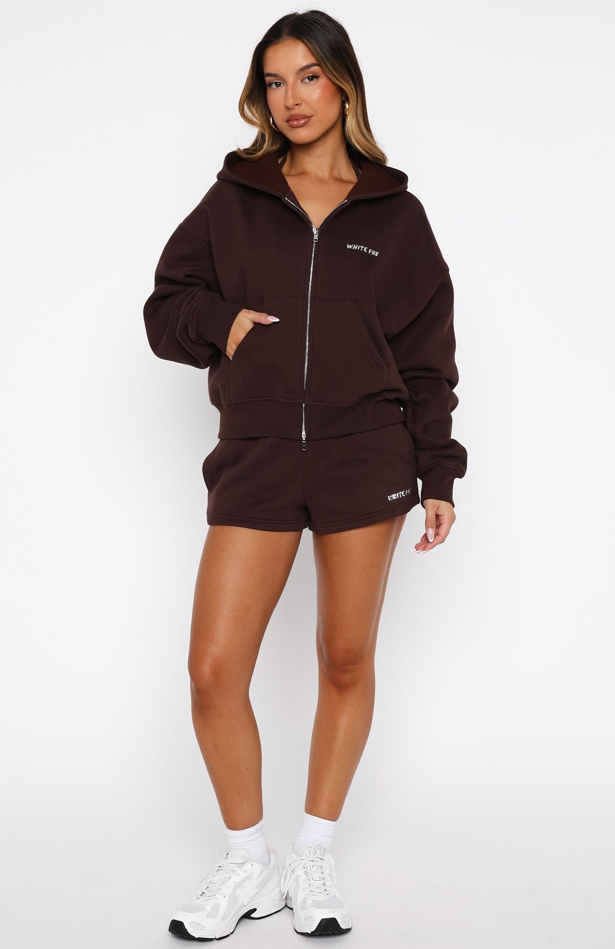 White Fox Test Drive Boxy Zip Front Hoodie Chocolate