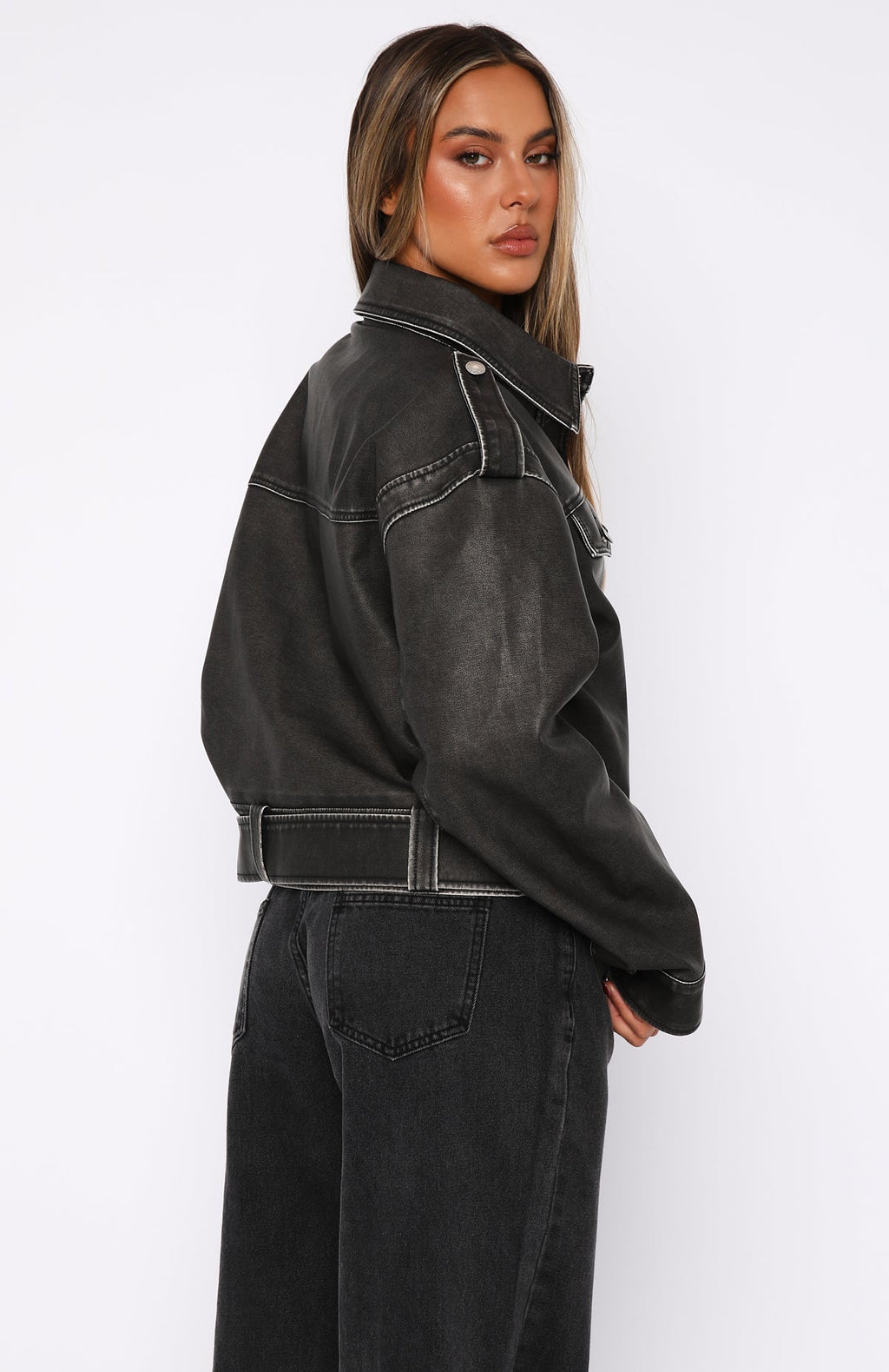 White Fox In This World PU Biker Jacket Charcoal Wash