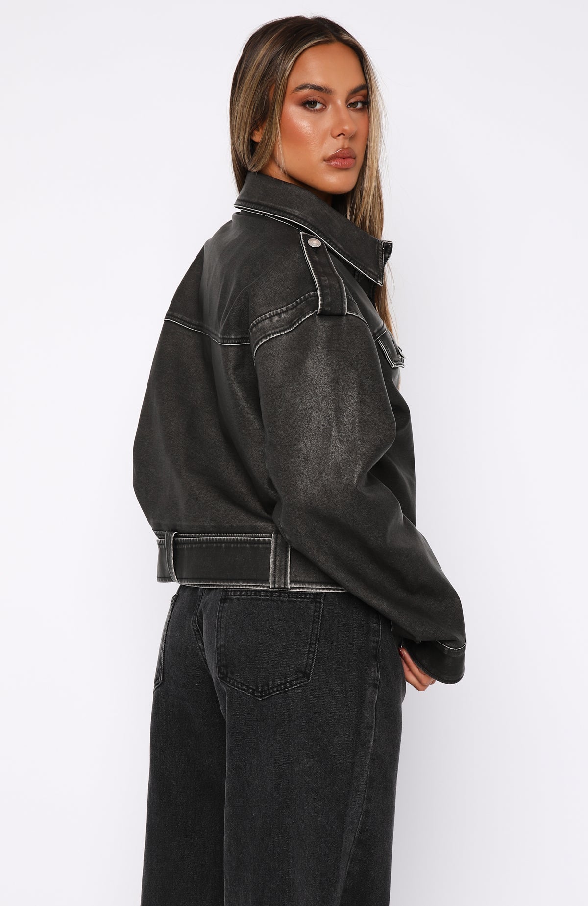 White Fox In This World PU Biker Jacket Charcoal Wash