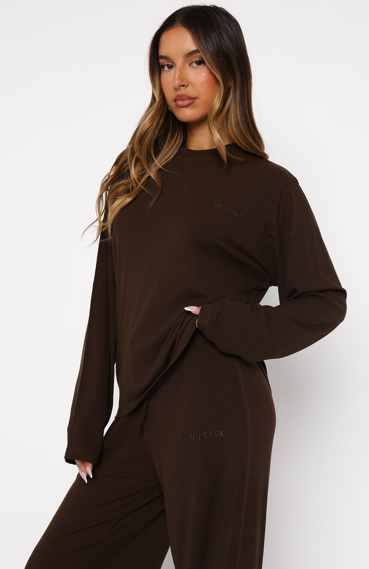 White Fox Come A Long Way Soft Lounge Long Sleeve Ribbed Tee Chocolate