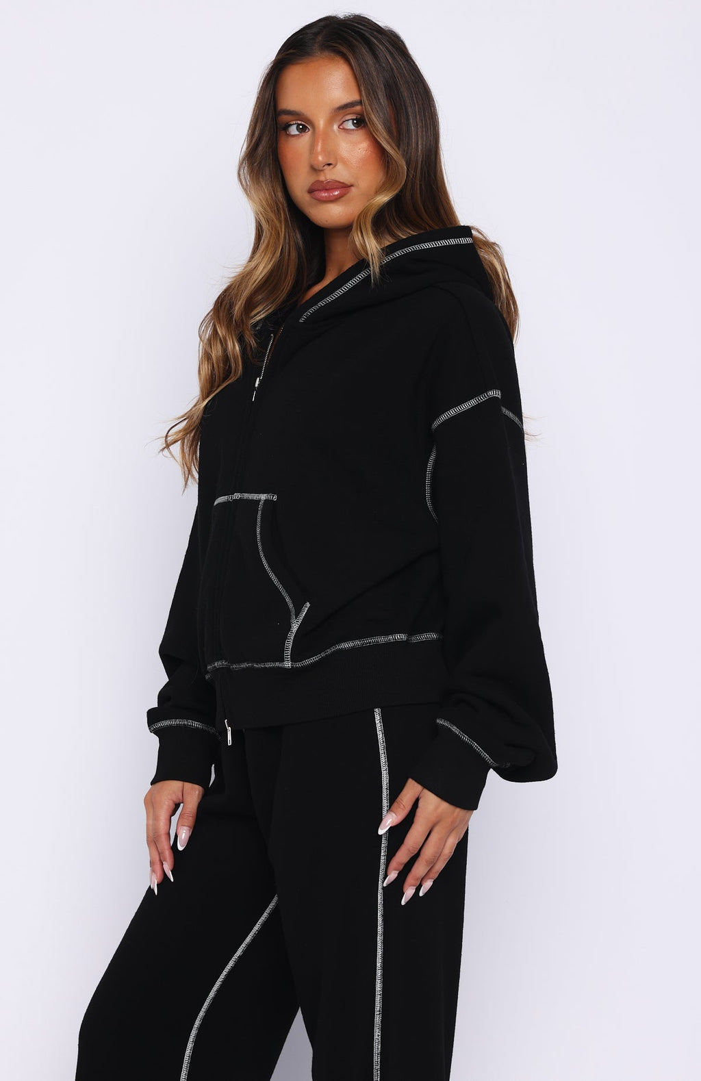 White Fox Flashing By Boxy Zip Front Hoodie Black