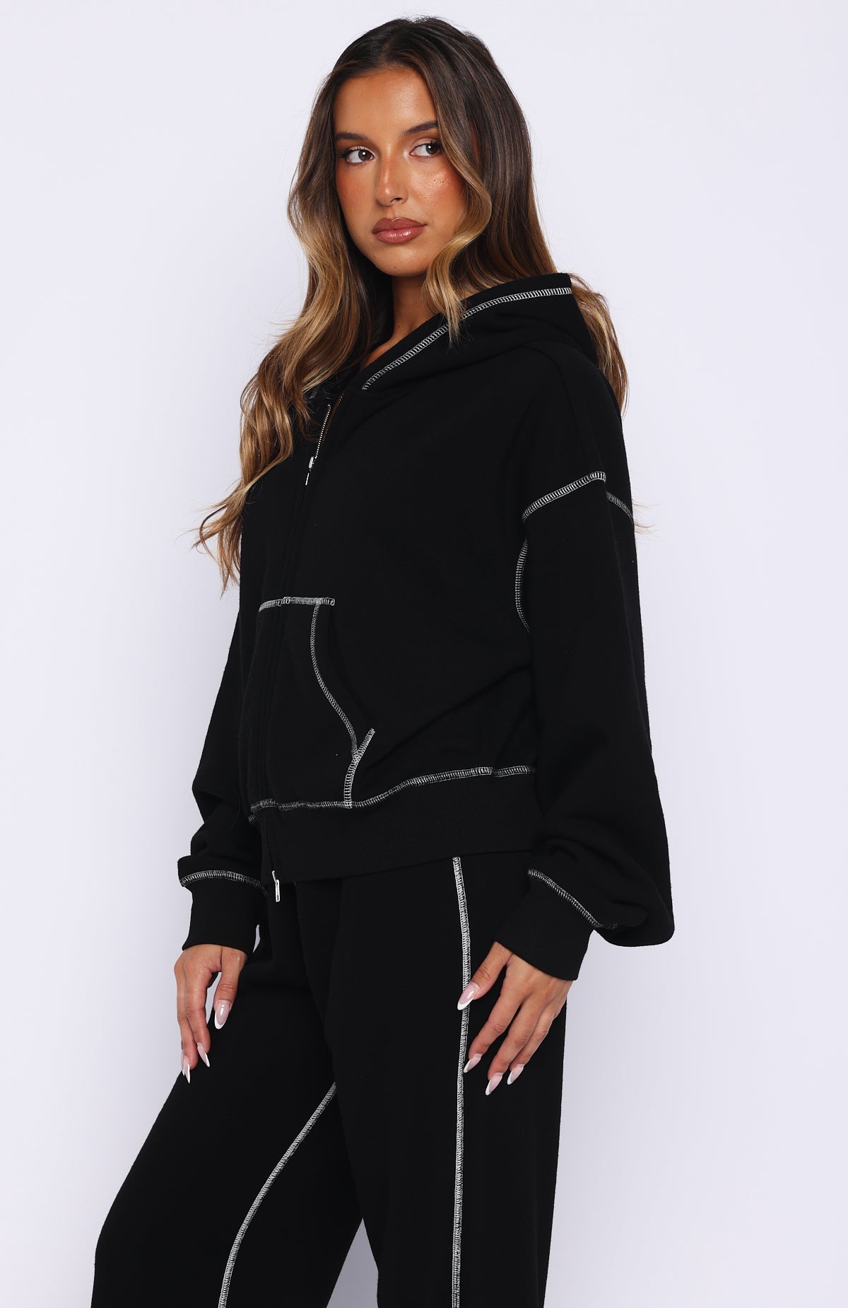 White Fox Flashing By Boxy Zip Front Hoodie Black