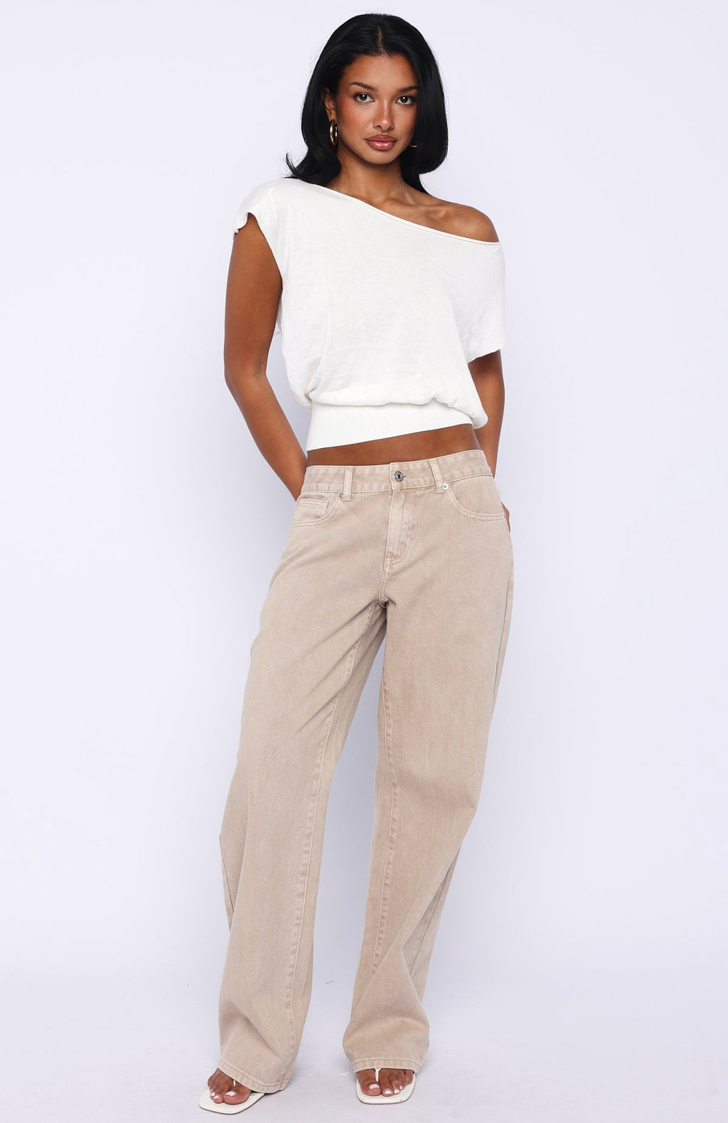 White Fox Can't Change My Mind Off Shoulder Cinched Top Off White