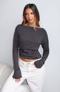 White Fox Another Time Cinched Waist Long Sleeve Top Black Stripe