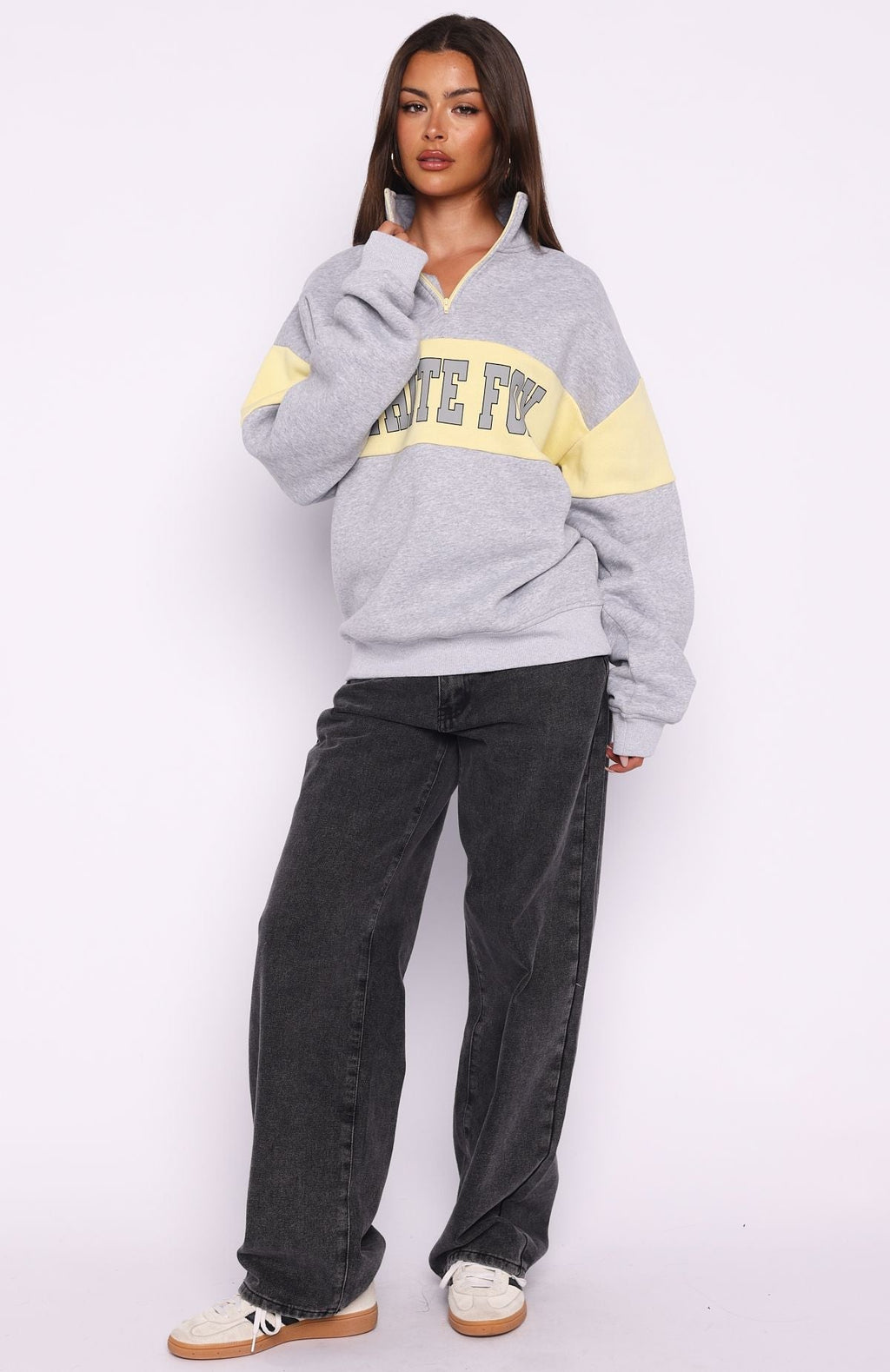 White Fox Show Yourself Zip Front Sweater Dark Grey Marle