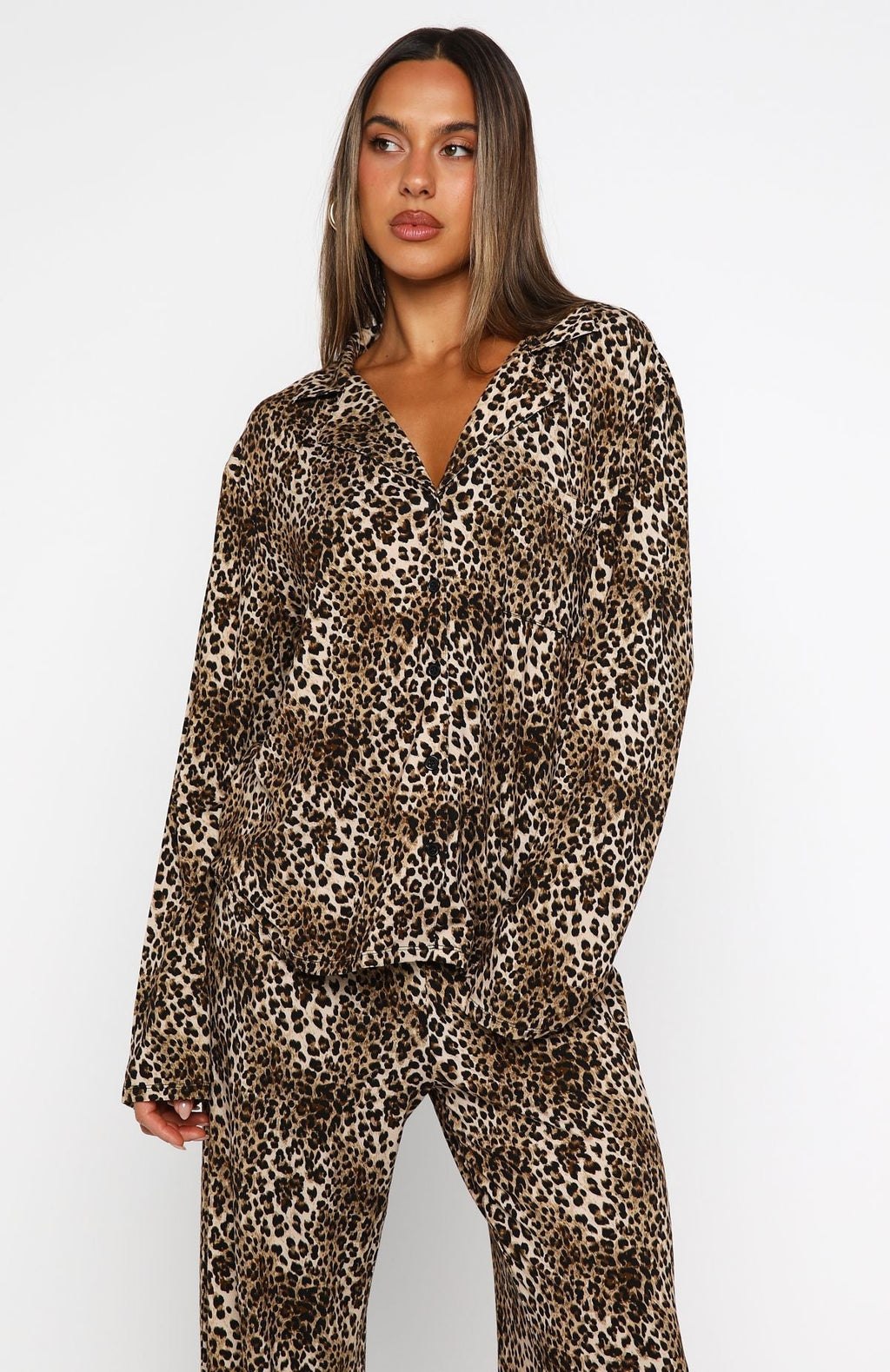 White Fox Pillow Talk Printed Long Sleeve Pyjama Set Leopard