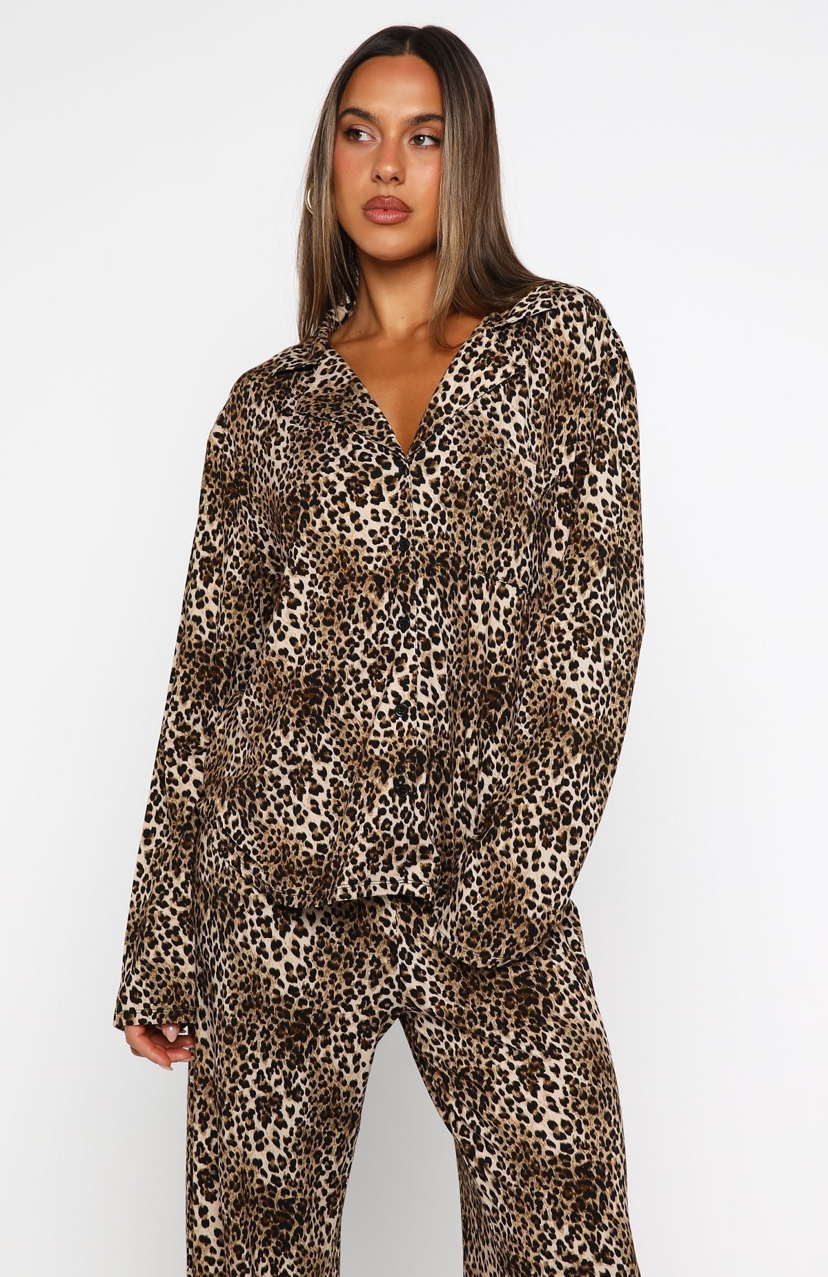White Fox Pillow Talk Printed Long Sleeve Pyjama Set Leopard