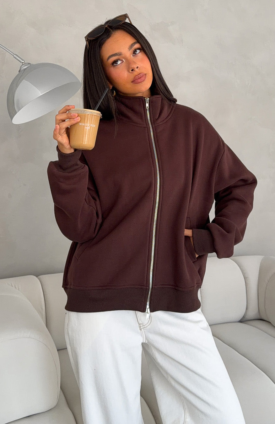 White Fox Such A Dream Oversized Zip Front Funnel Neck Jacket Chocolate