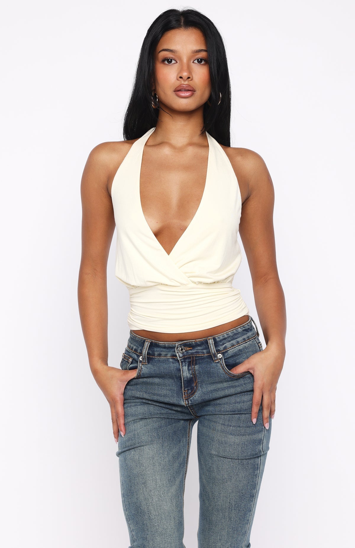 White Fox Show Stopping Cinched Waist Halter Top Cream