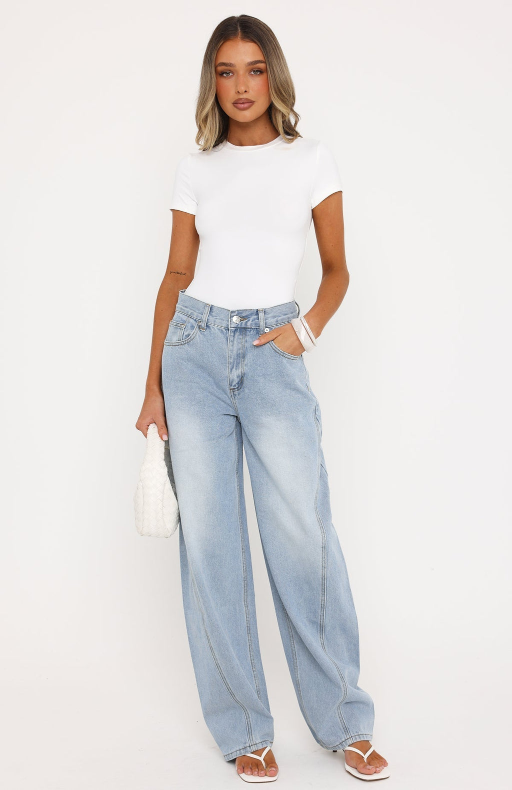 White Fox Jessica Mid Rise Barrel Leg Jeans Light Blue Wash