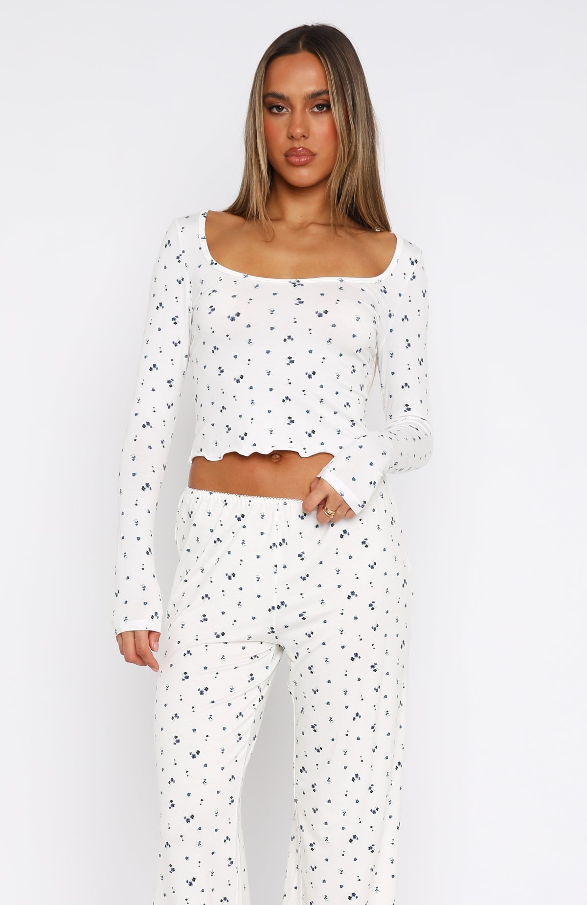 White Fox Dreamy Long Sleeve Pyjama Top Ditsy Blues