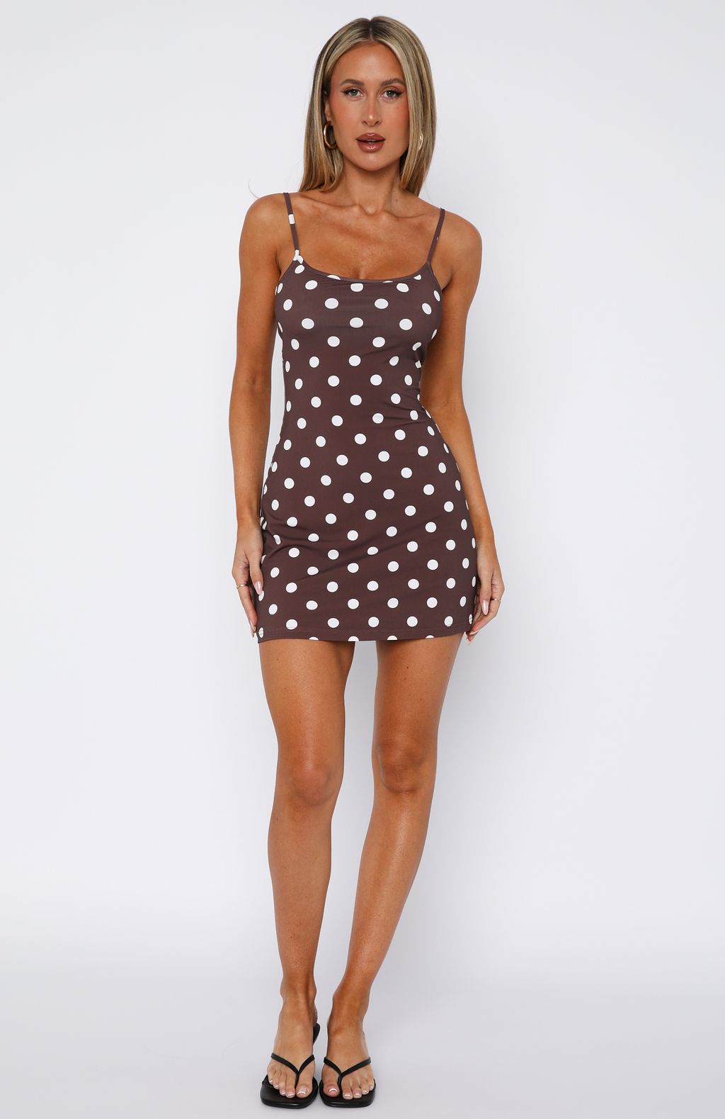 White Fox Maybe Later Mini Dress Choc/Cream Polka Dot
