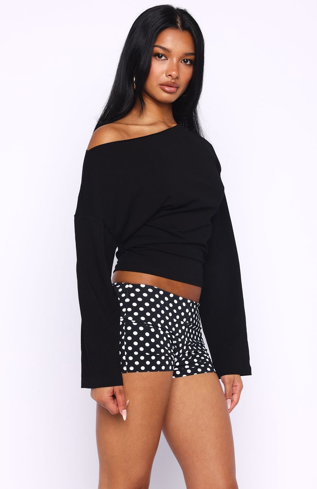 White Fox Falling For Him Cinched Waist Off Shoulder Long Sleeve Top Black