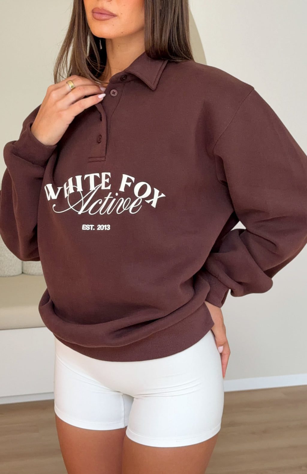White Fox Far Away Oversized Henley Sweater Dark Chocolate