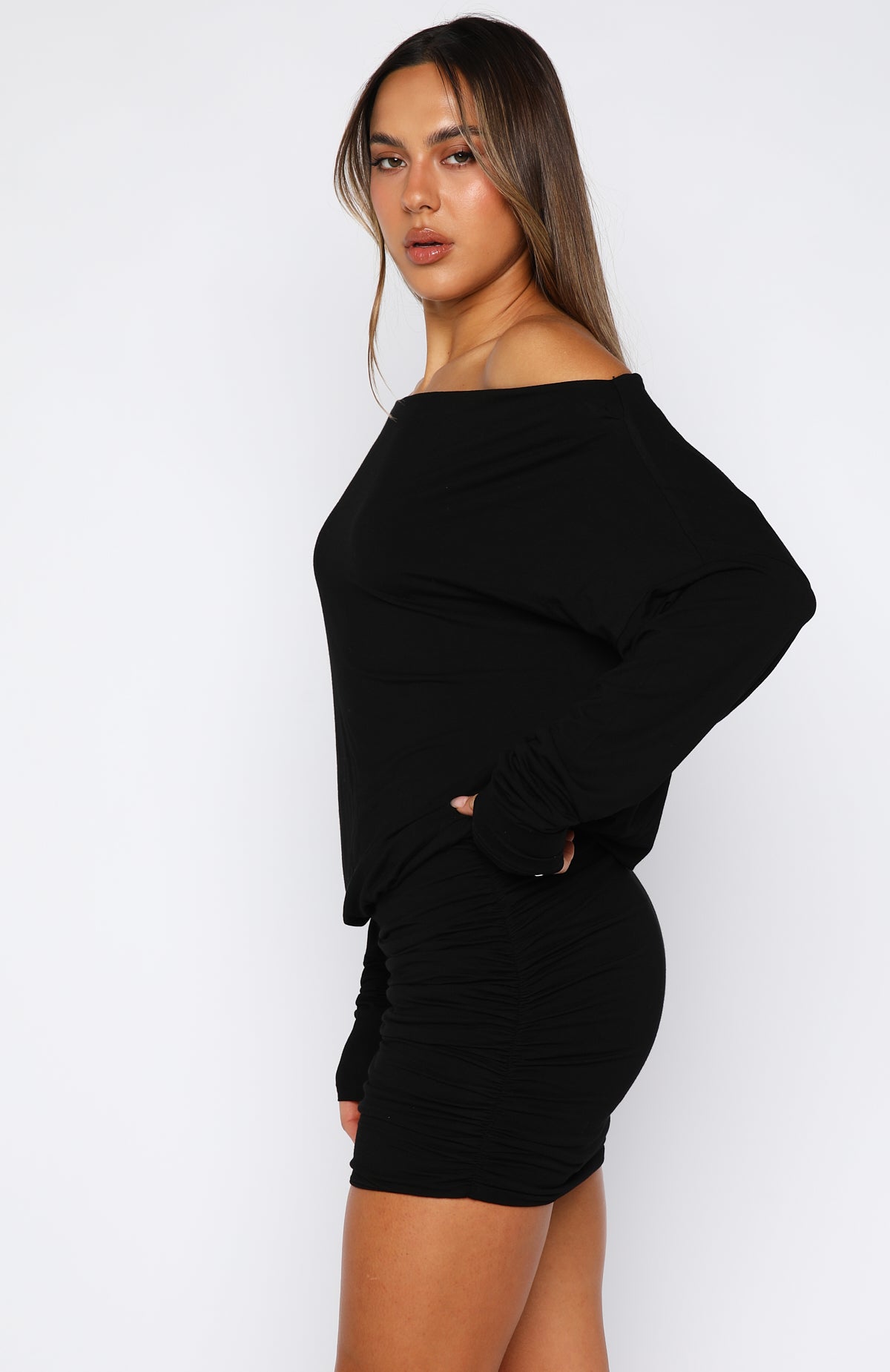 White Fox Take Your Turn Long Sleeve Mini Dress Black