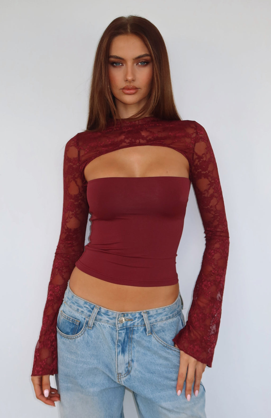 White Fox Devoted Love Long Sleeve Top Burgundy