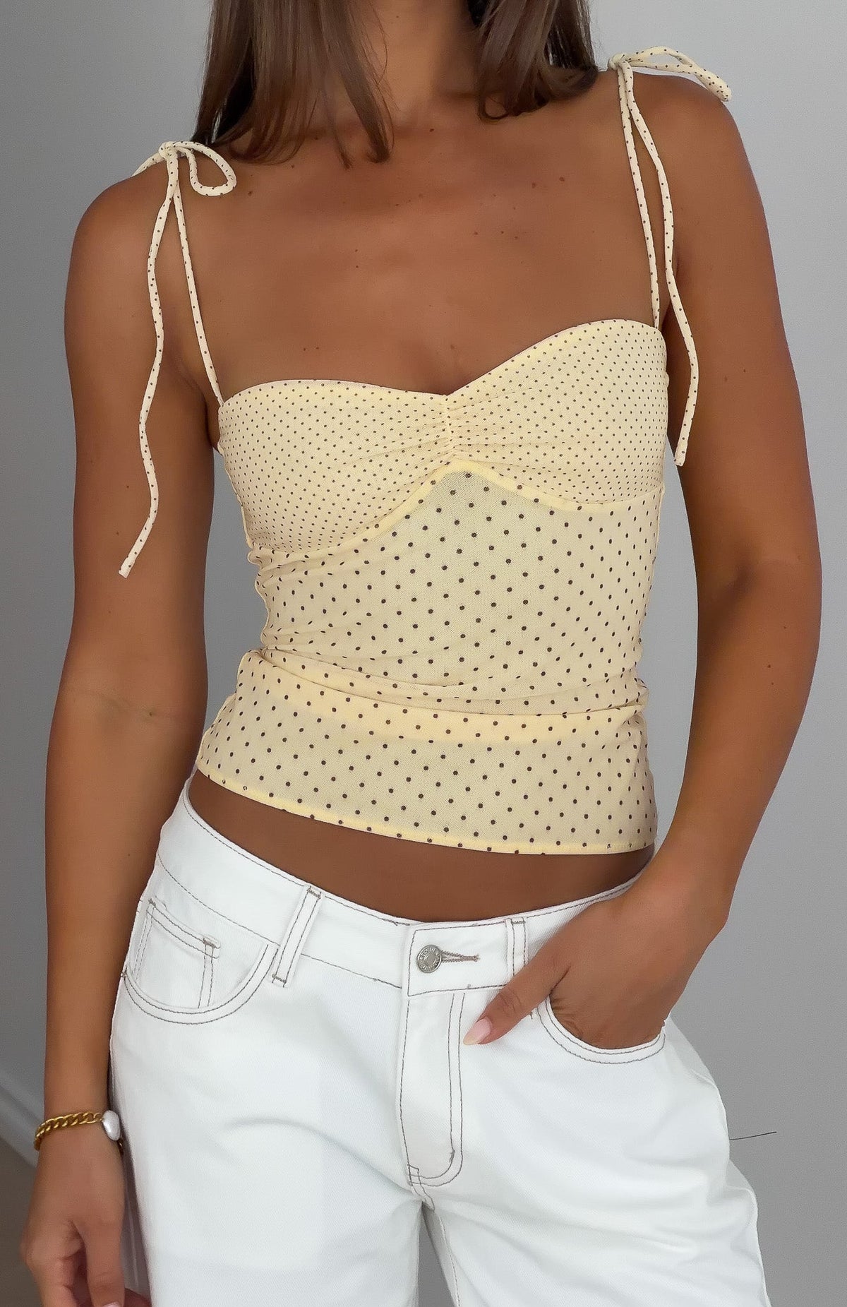 White Fox Crush Mode Top Cream/Choc Polka Dot