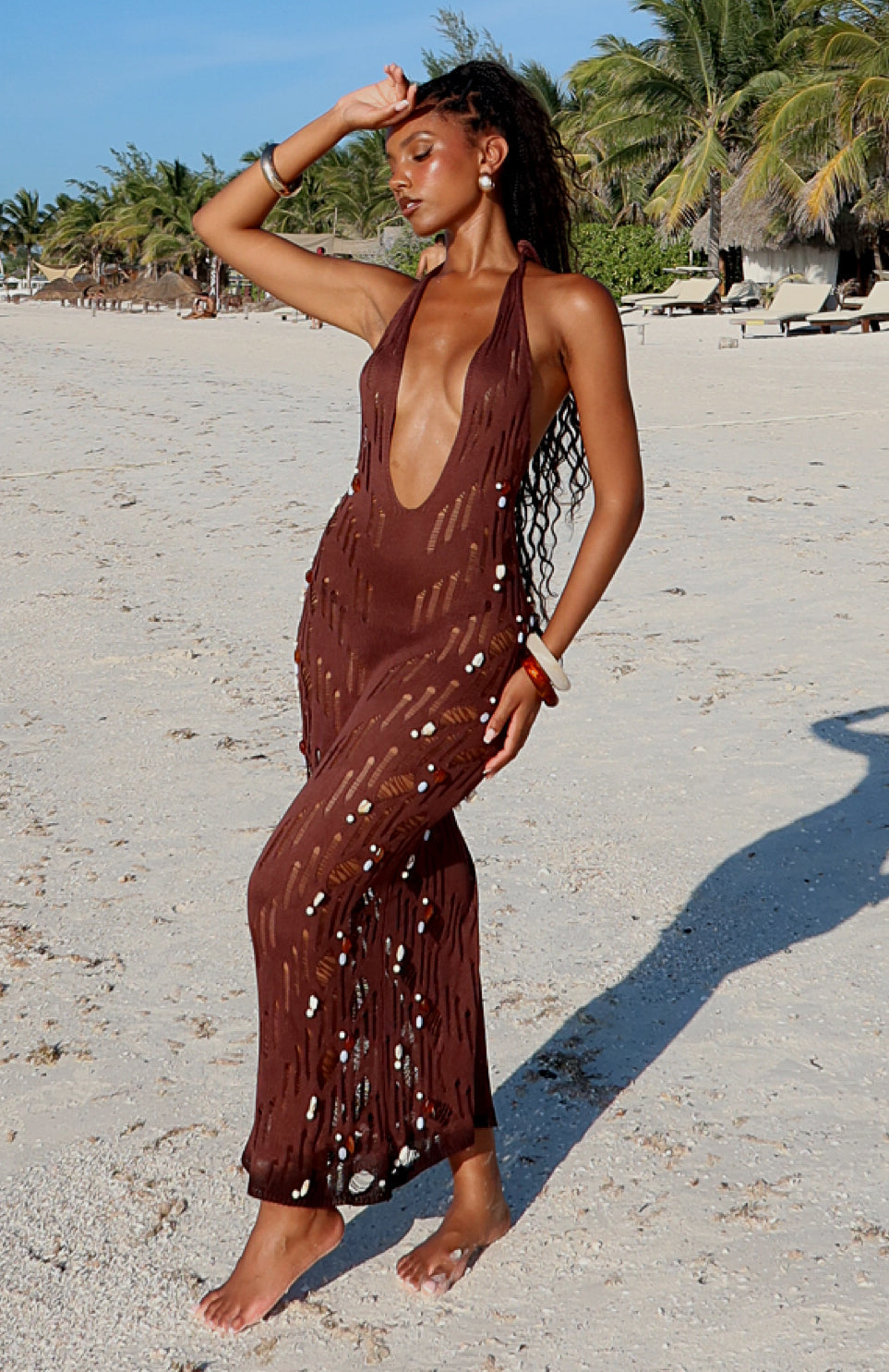 White Fox Sculpted Soul Beaded Knit Maxi Dress Chocolate