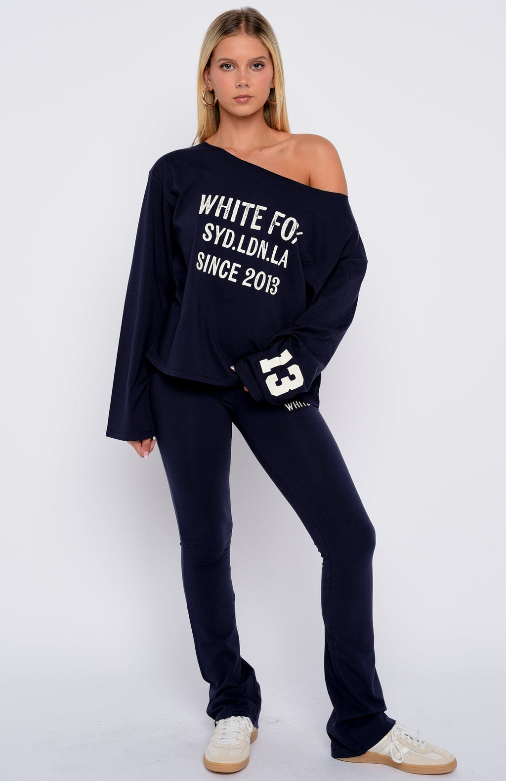 White Fox Topic Of Discussion Off Shoulder Oversized Long Sleeve Tee Navy