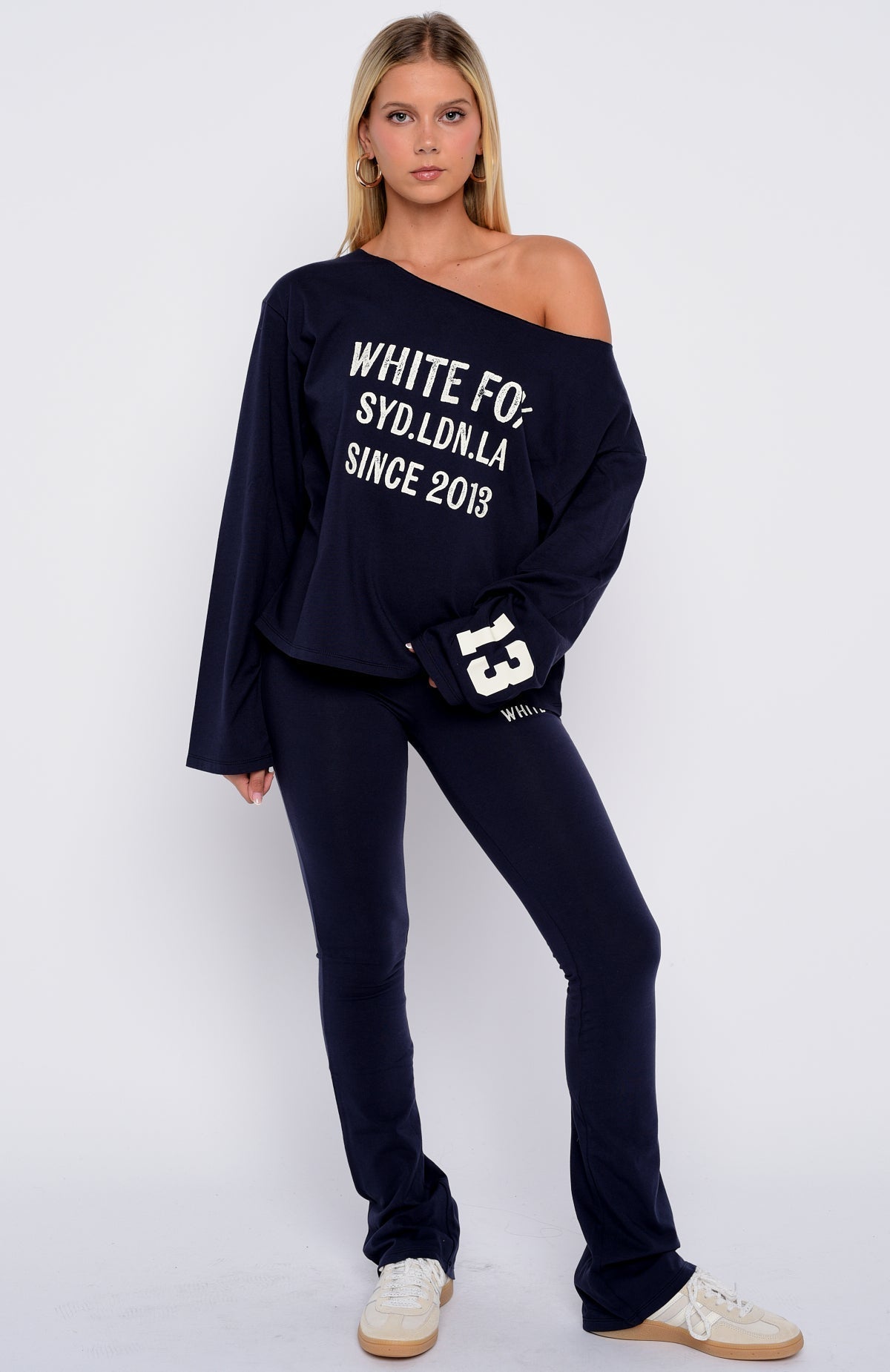White Fox Topic Of Discussion Off Shoulder Oversized Long Sleeve Tee Navy