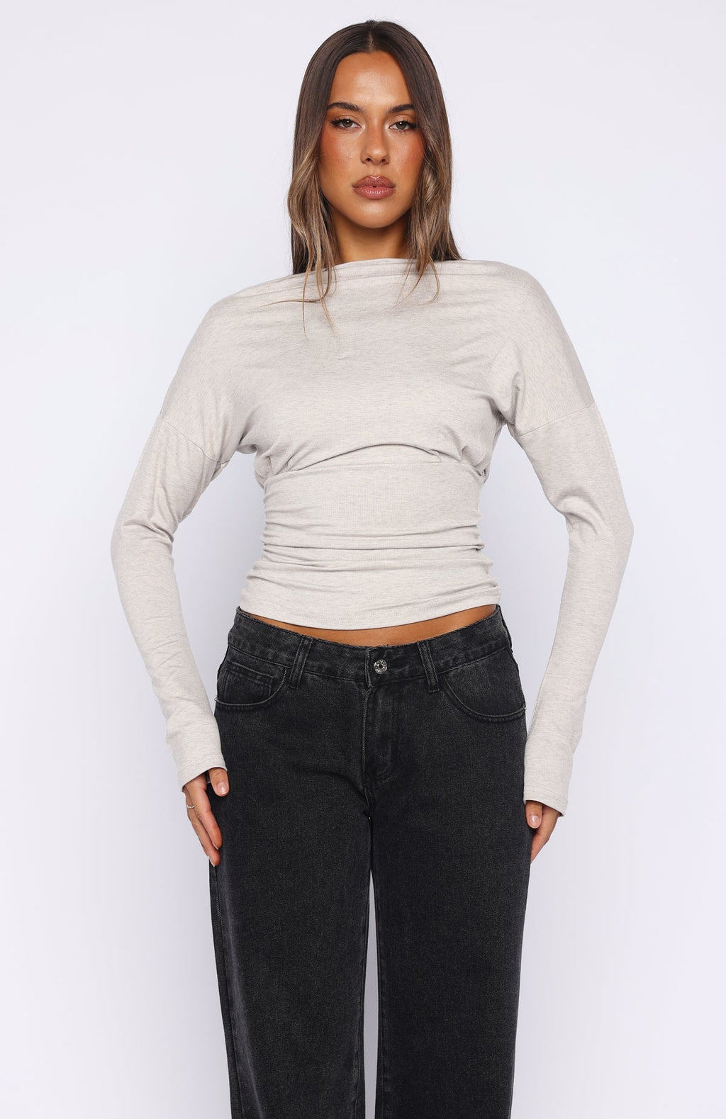 White Fox Another Time Cinched Waist Long Sleeve Top Light Grey Marle