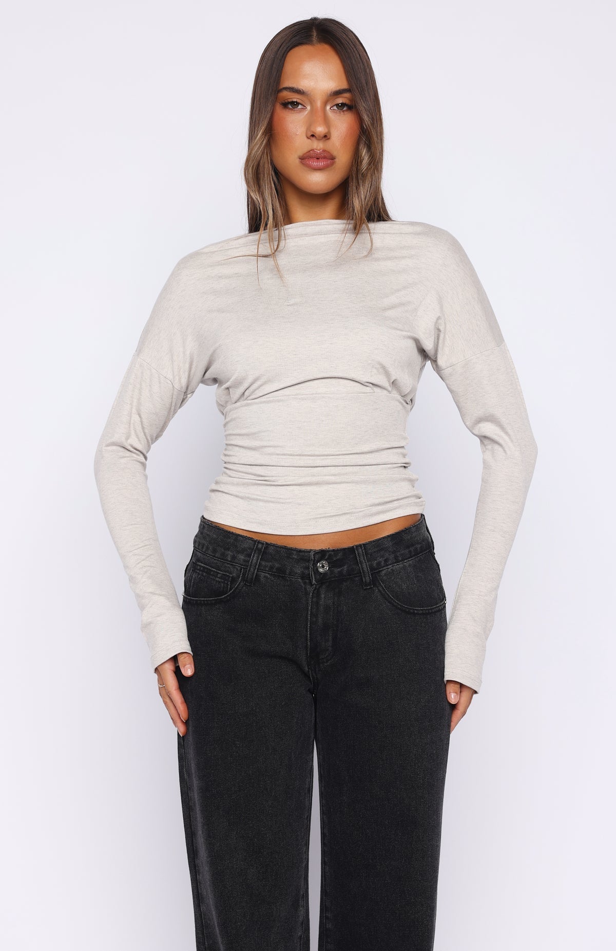 White Fox Another Time Cinched Waist Long Sleeve Top Light Grey Marle