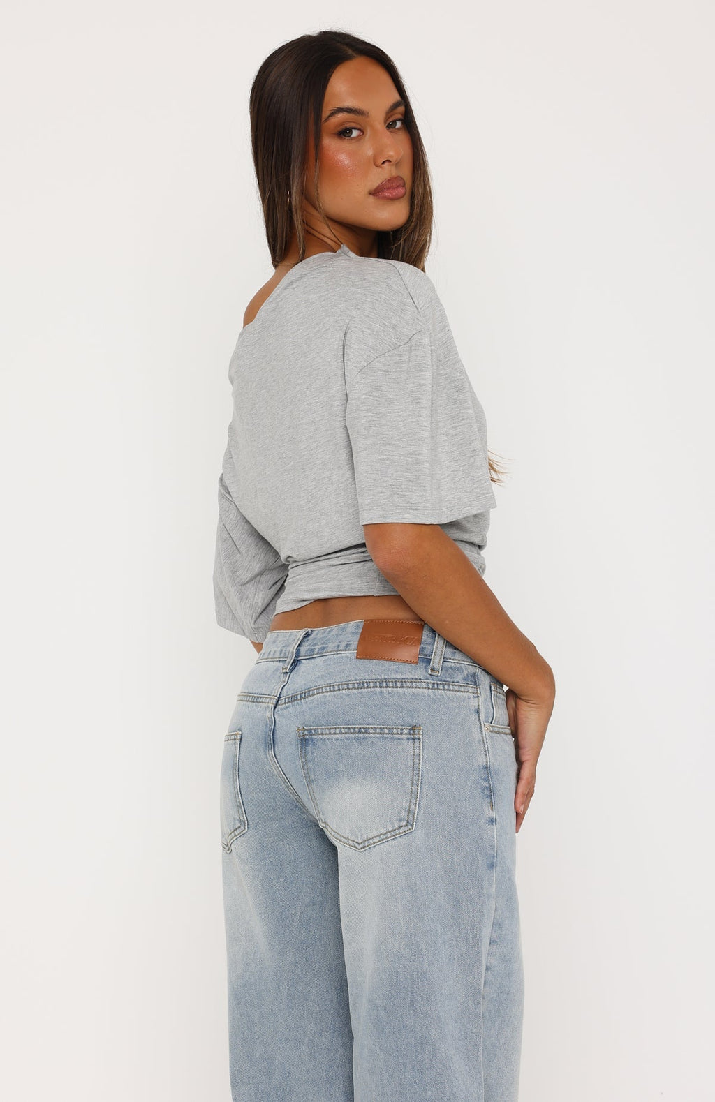 White Fox Hype Girl Cinched Waist Off Shoulder Top Grey Marle