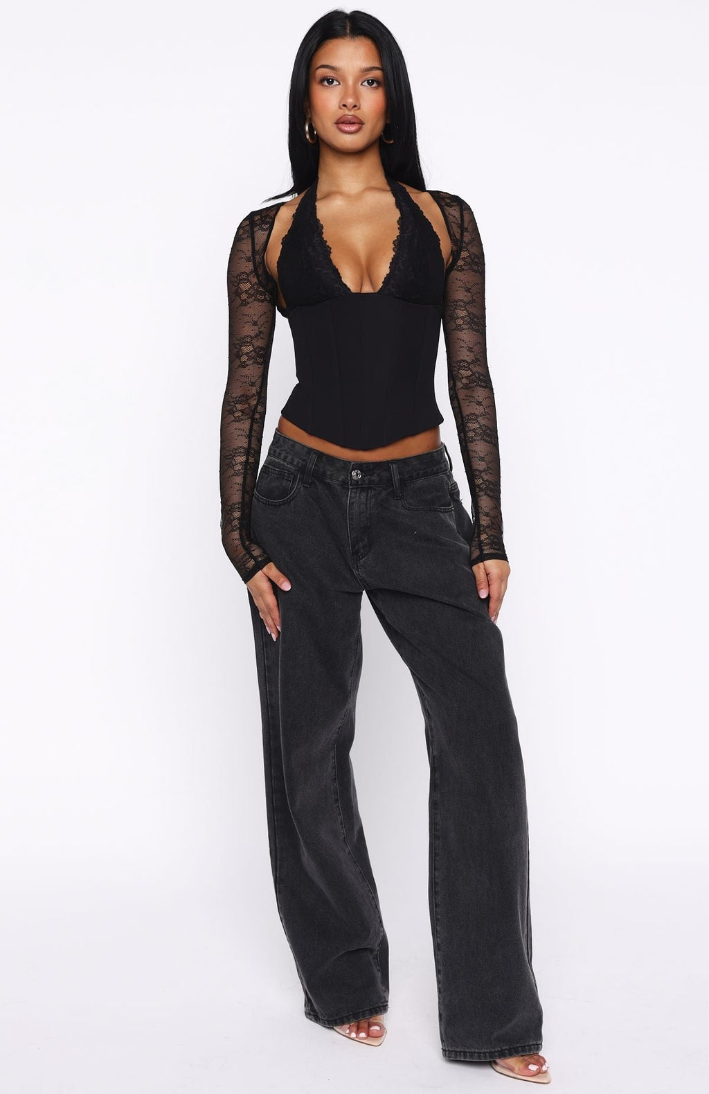 White Fox Never Walk Alone Long Sleeve Bustier Black