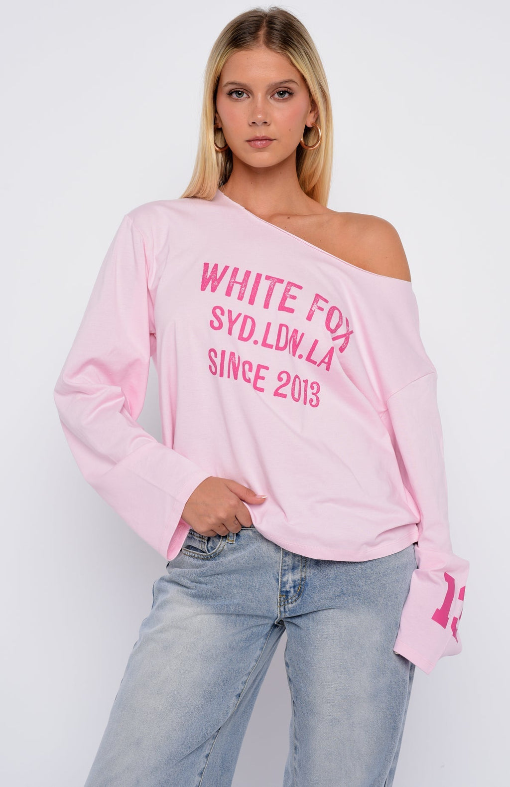 White Fox Topic Of Discussion Off Shoulder Oversized Long Sleeve Tee Posy