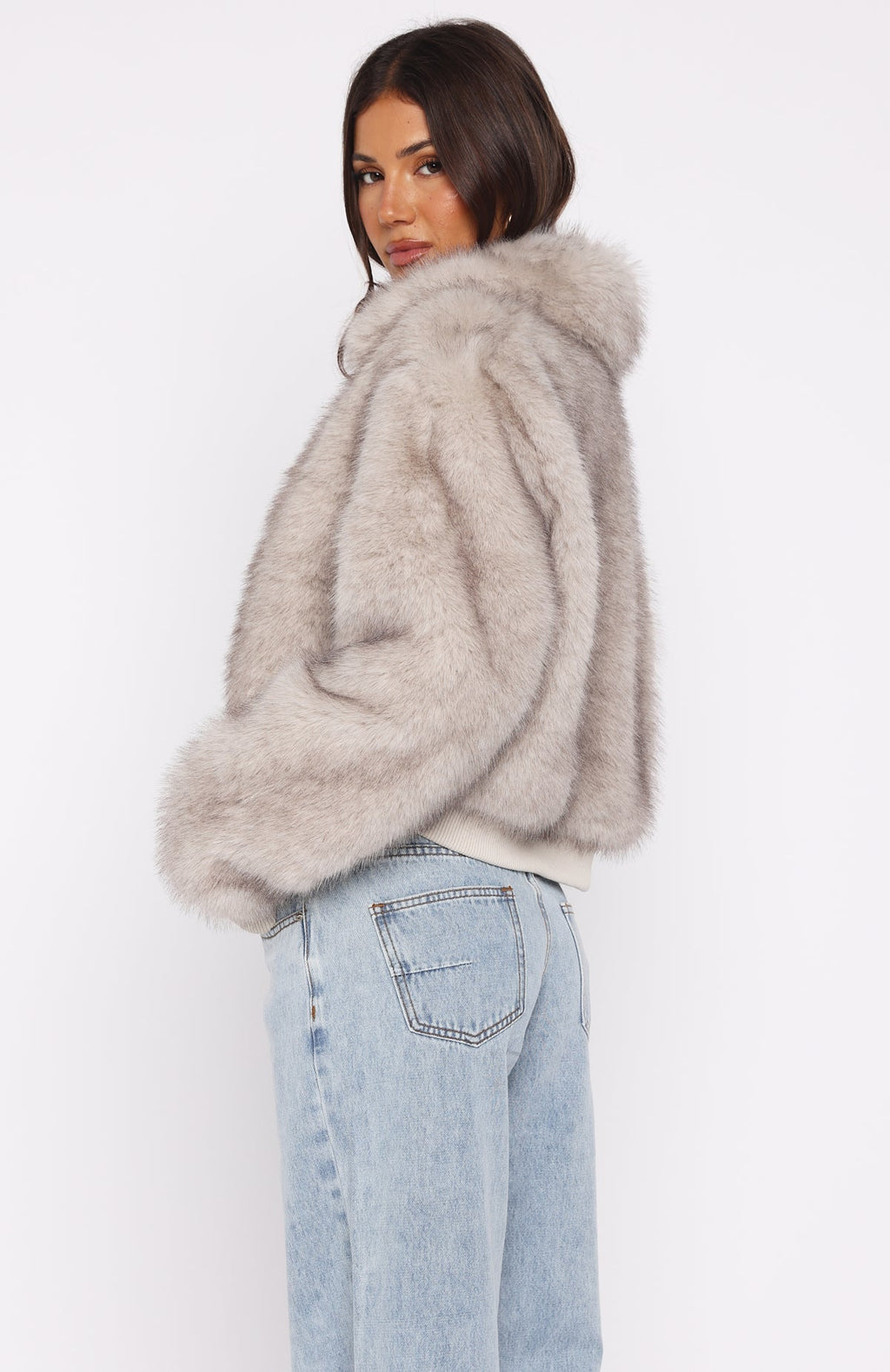 White Fox Glacial Chic Faux Fur Bomber Jacket Smokey Taupe