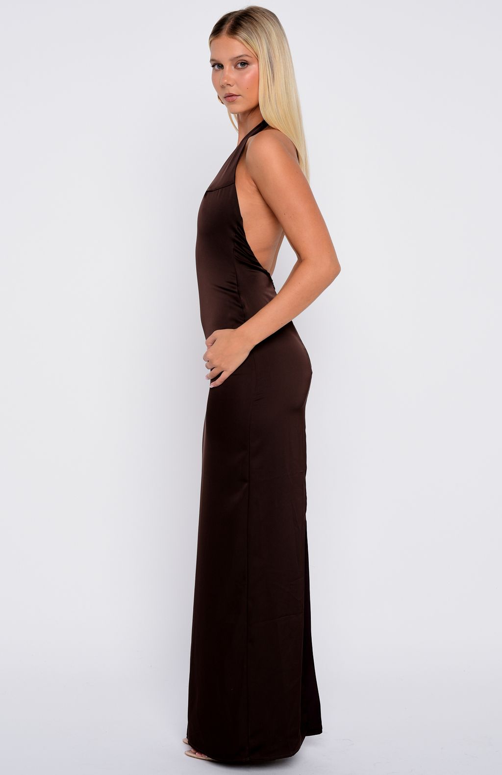 White Fox Night-Time Madness Halter Maxi Dress Chocolate