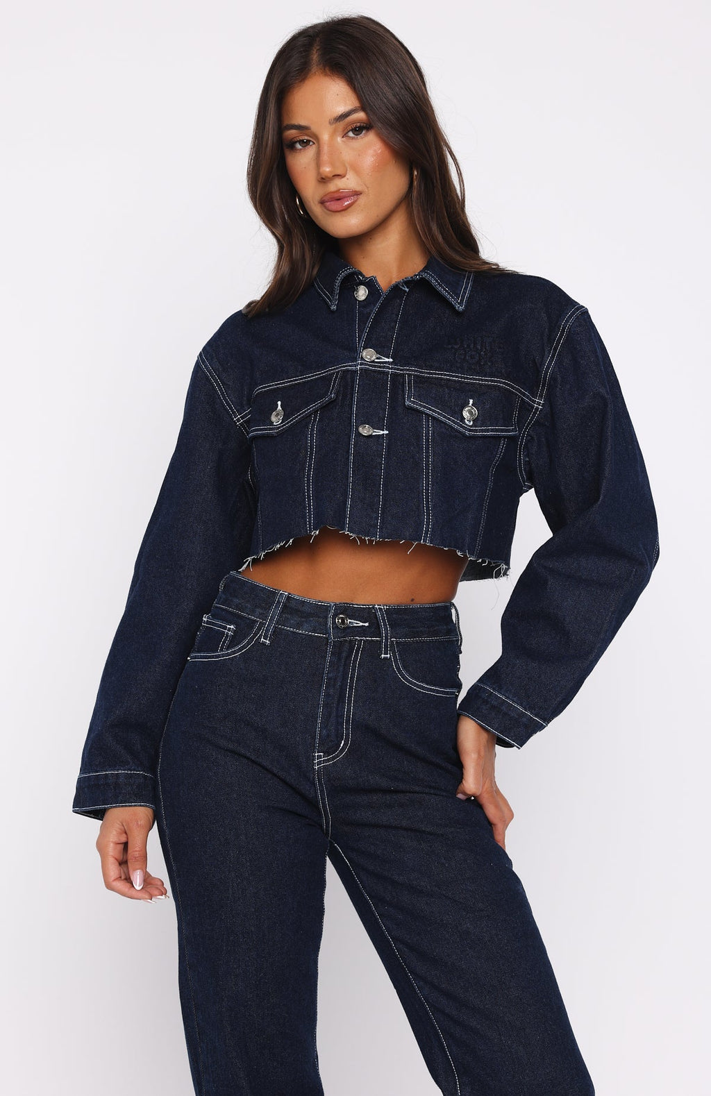White Fox Something To Prove Cropped Denim Jacket Dark Indigo