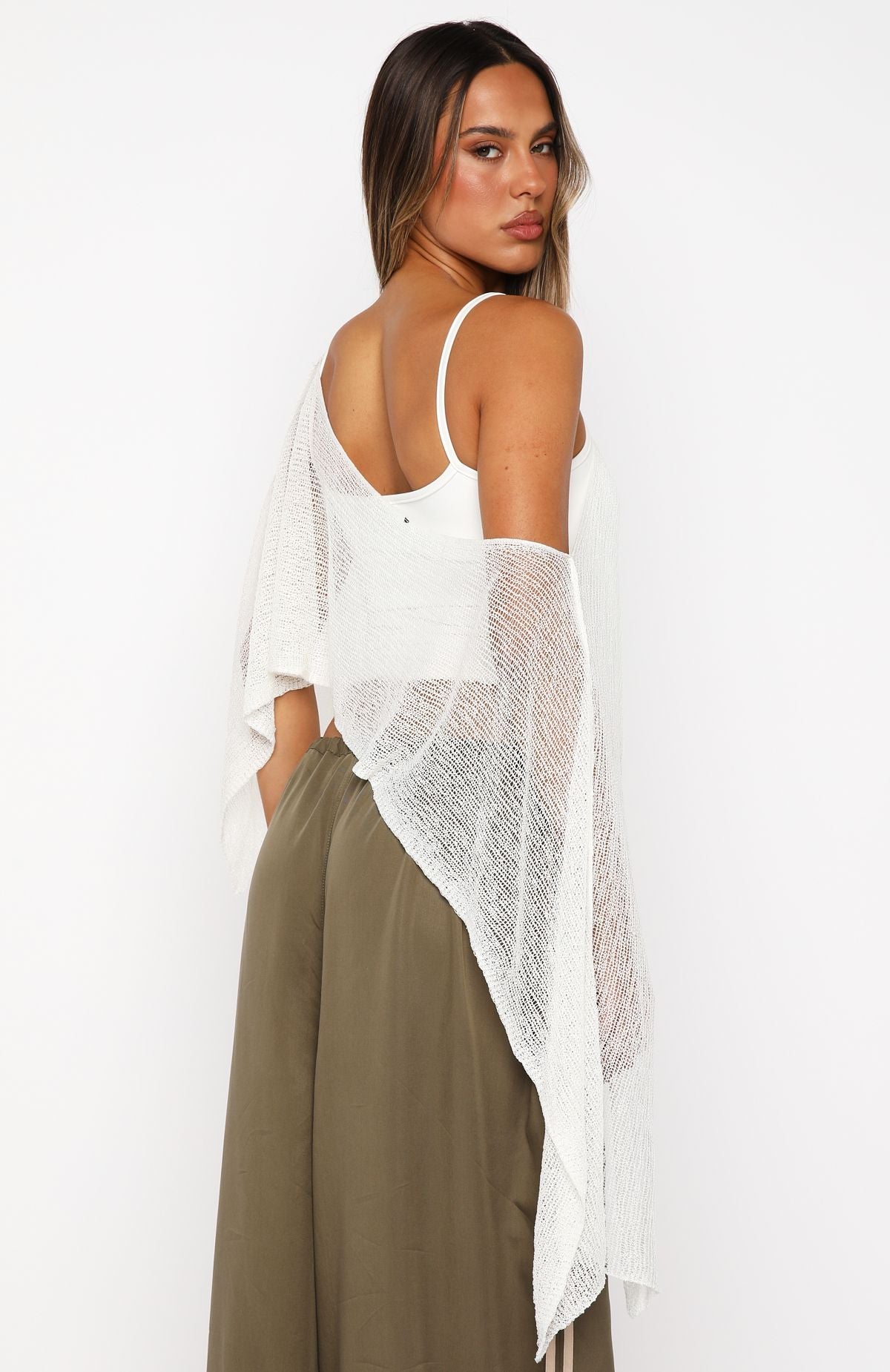 White Fox Beach Therapy Knit Poncho Top Cream