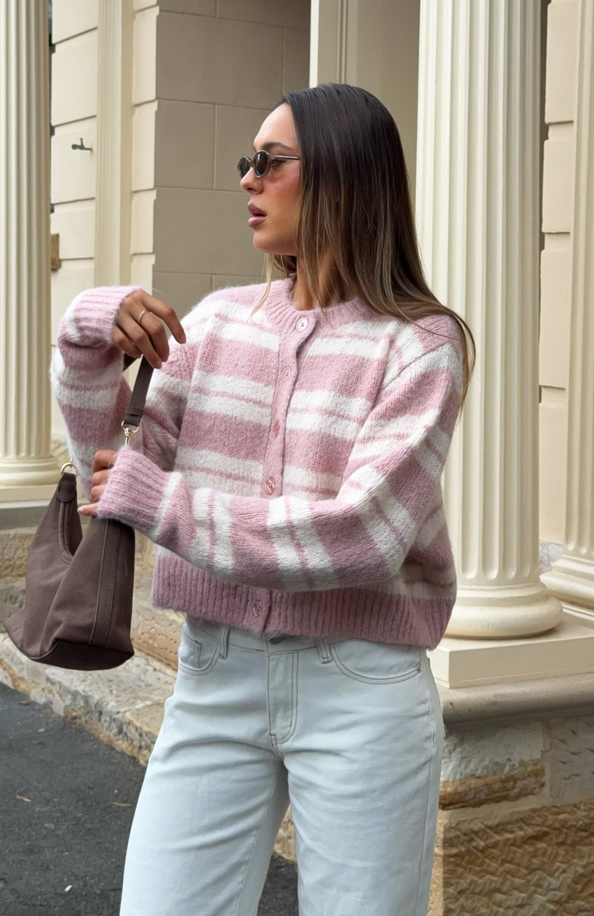 White Fox Ice Bae Stripe Knit Cardigan Strawberry Cream Stripe