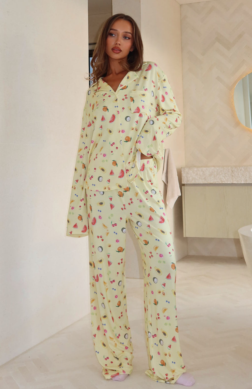White Fox Pillow Talk Printed Long Sleeve Pyjama Set Fruit Salad