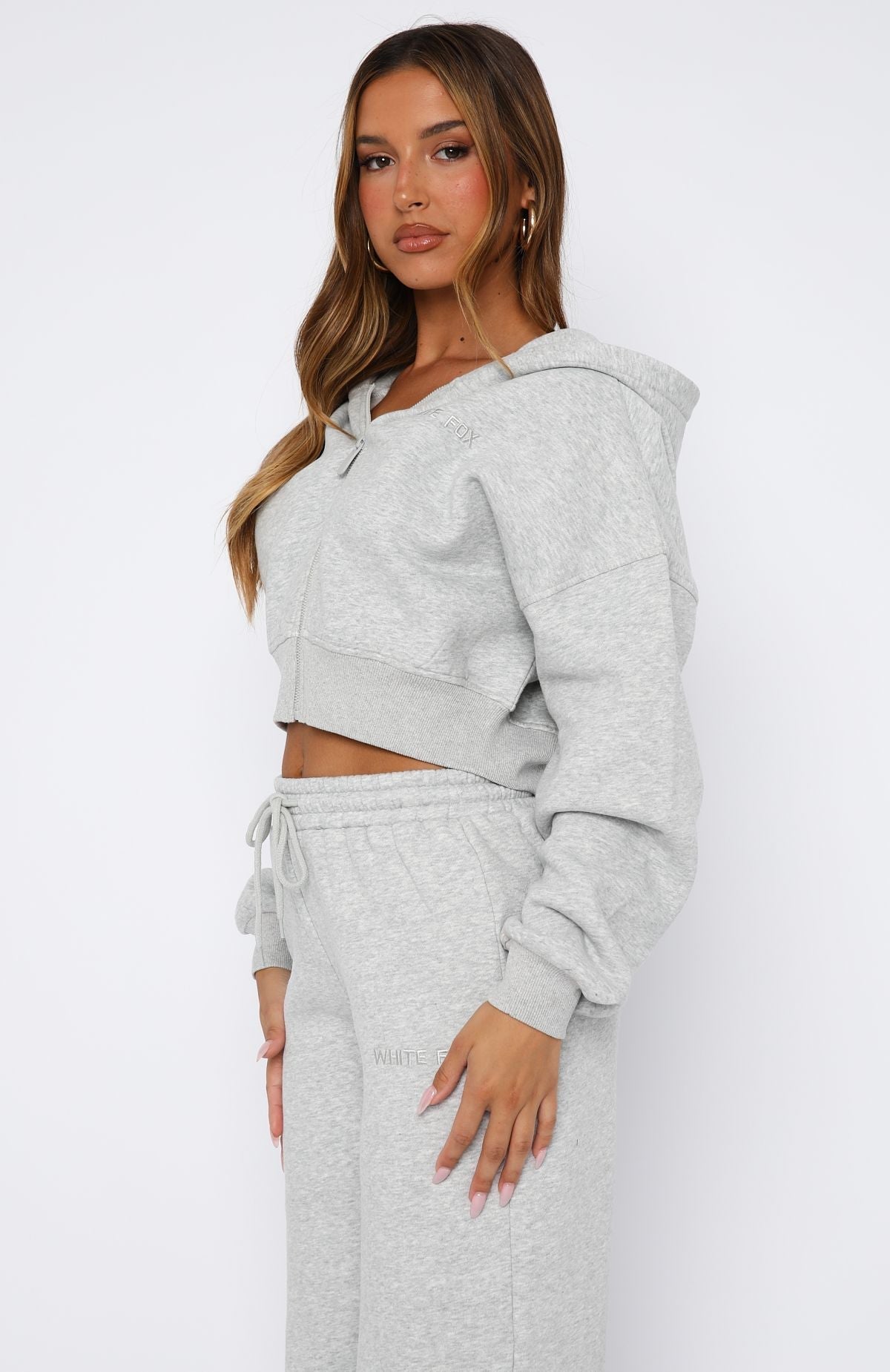 White Fox Stay Lifted Cropped Hoodie Dark Grey Marle