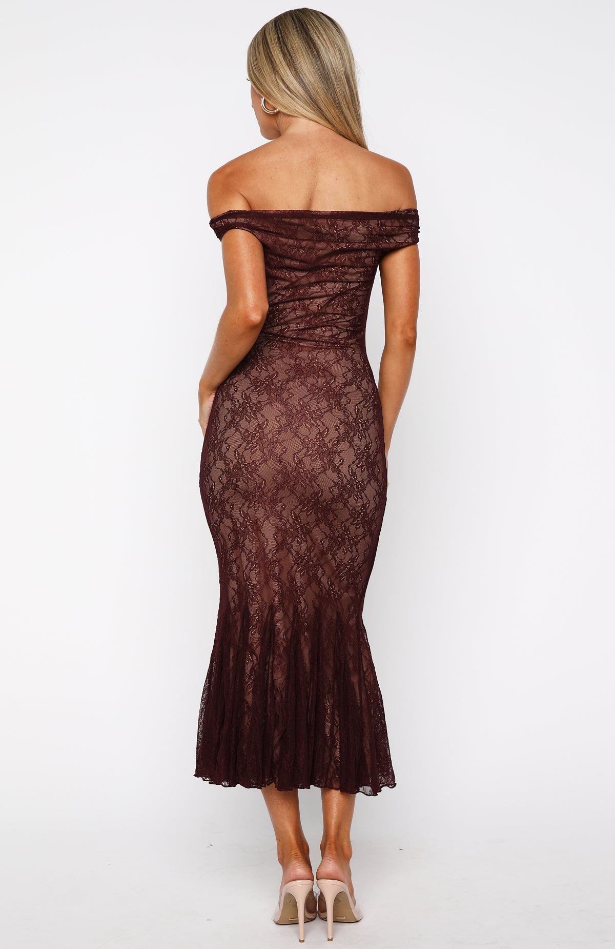 White Fox Defied The Odds Off Shoulder Lace Maxi Dress Wine