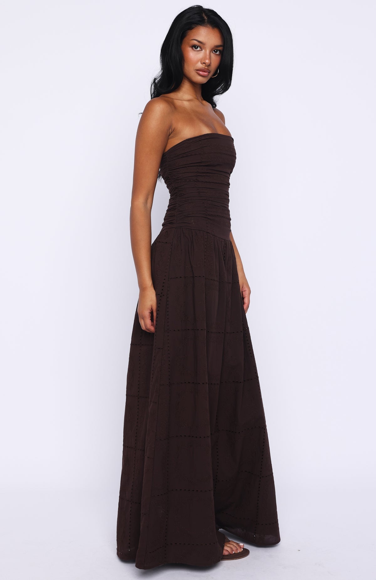 White Fox Bittersweet Babe Strapless Broderie Maxi Dress Chocolate