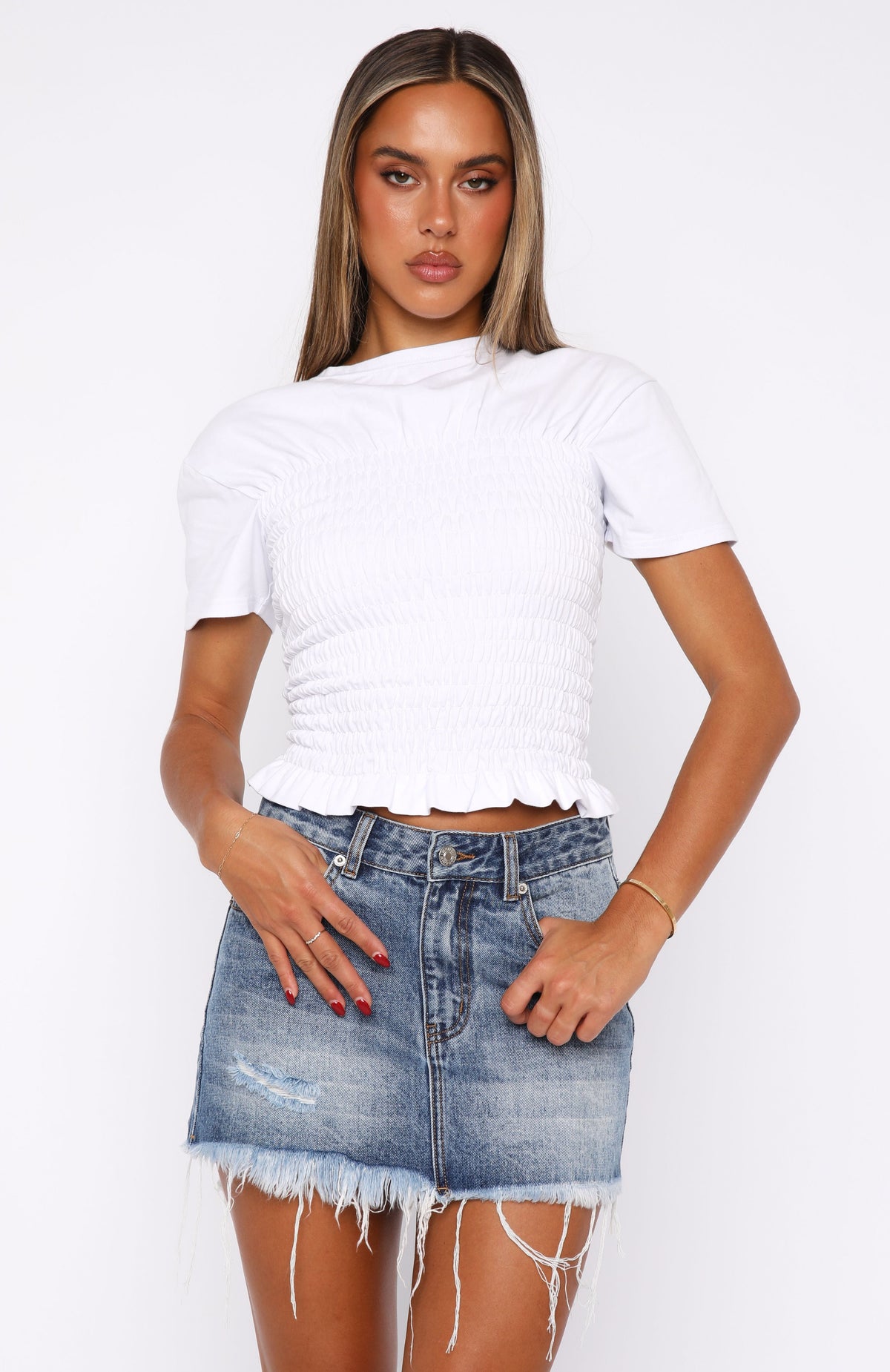 White Fox Amelia Denim Mini Skirt Mid Blue Acid