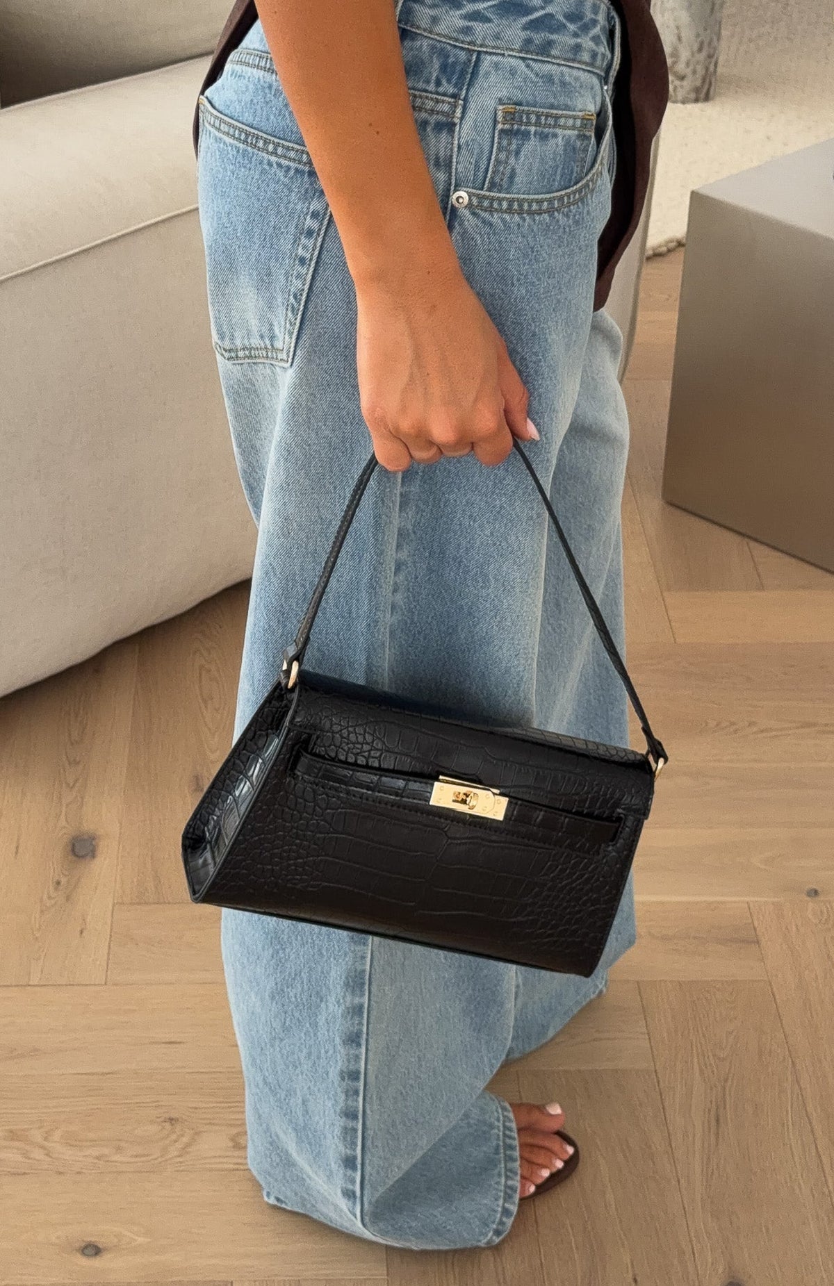 White Fox Jesse Shoulder Bag Black Faux Croc