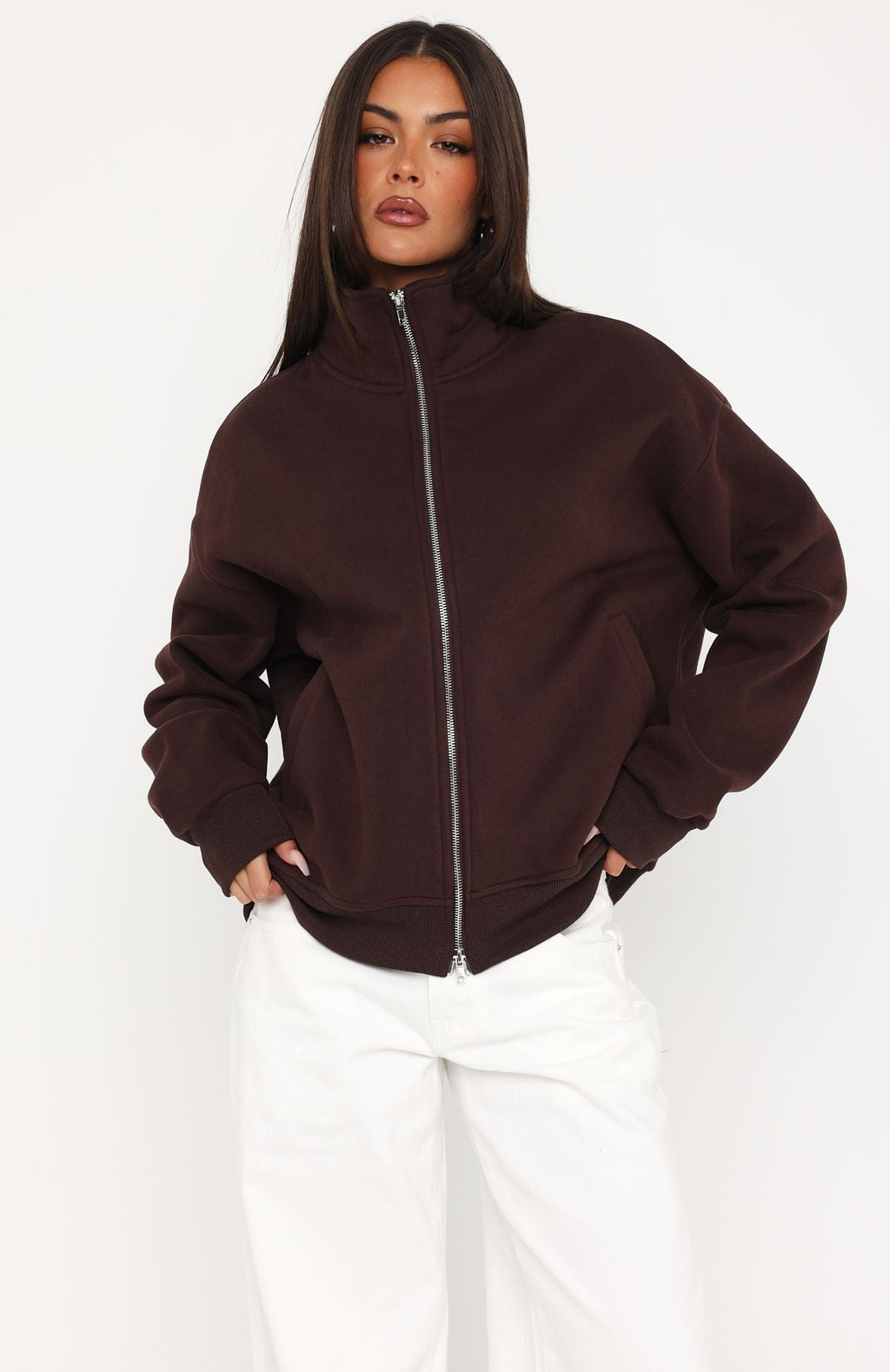 White Fox Such A Dream Oversized Zip Front Funnel Neck Jacket Chocolate
